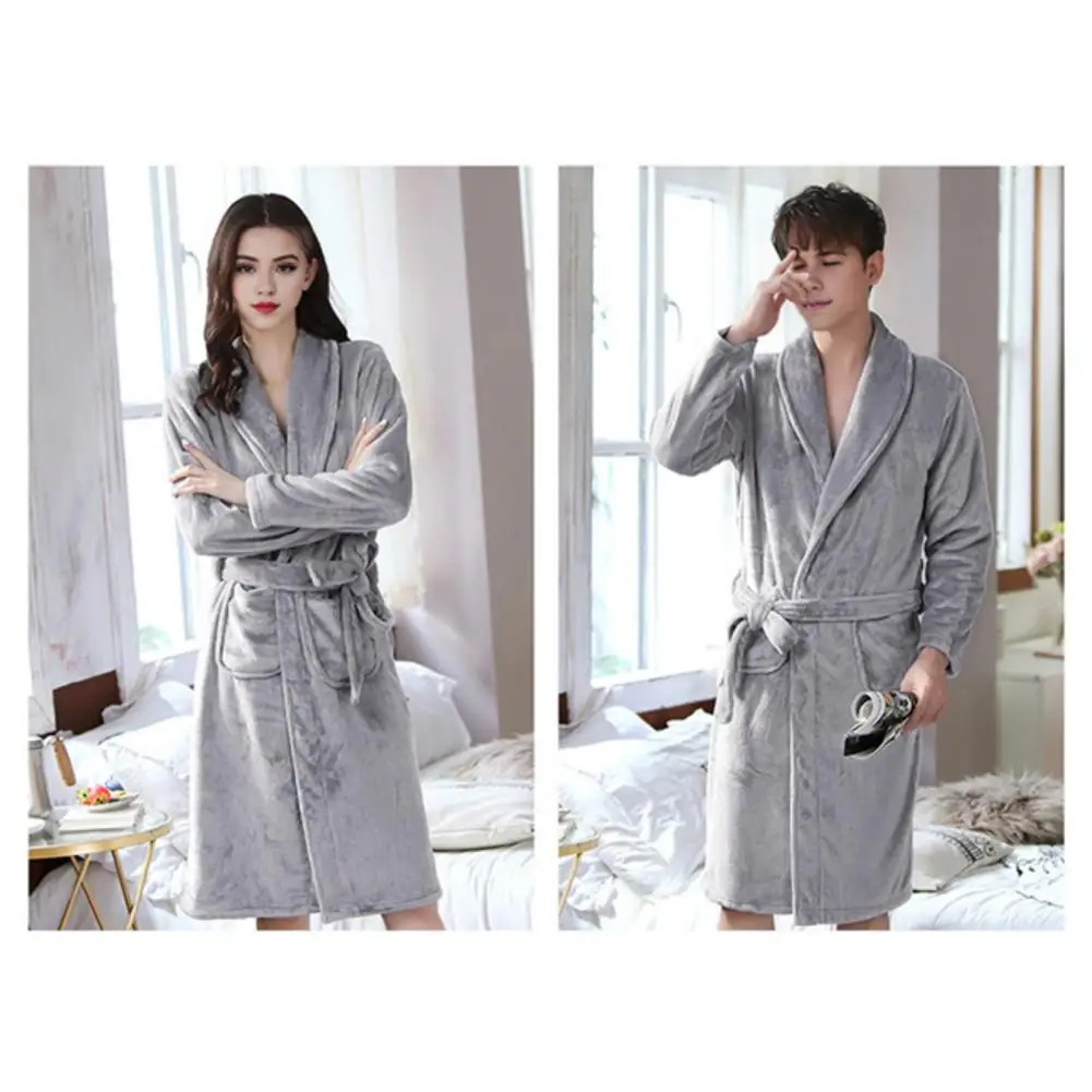 

Thick Night Robe Luxurious Coral Fleece Couple Nightgowns with Adjustable Lace Up Belt Warm Cozy Unisex Homewear for Winter