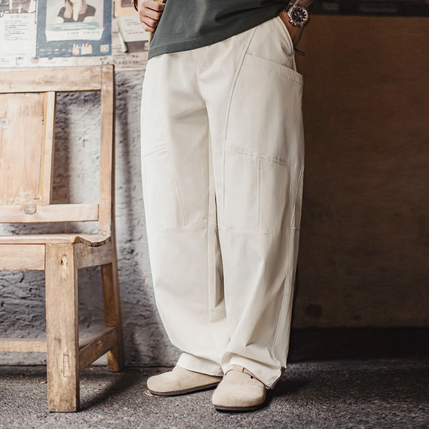 Maden Men's Beige Drawstring Elastic Waist Pants Wide Leg Relaxed Fit Patchwork Casual Cargo Trousers for Spring Fall
