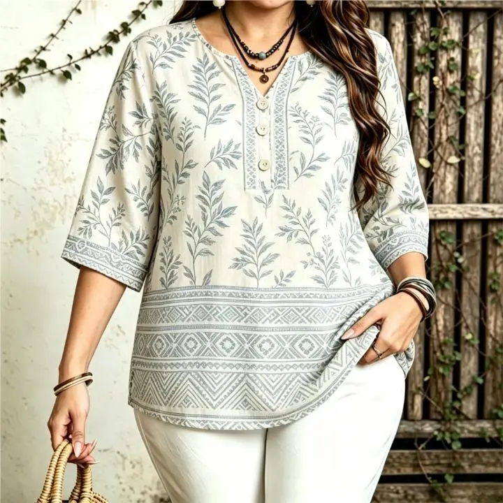Women Leaf Branch Tribal Geometric Hem Spliced Print Blouse For Curvy Figures Notched Neck 3/4 Sleeve Loose Casual Ladies Tops