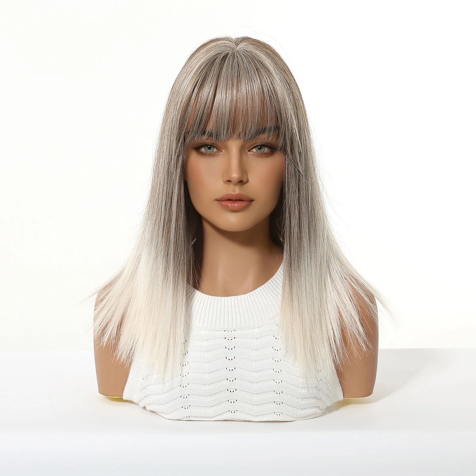 ALAN EATON Gray Blonde Synthetic Wigs with Bangs Medium Length Straight Fake Hair for Women Natural Ombre Wig Heat Resistant
