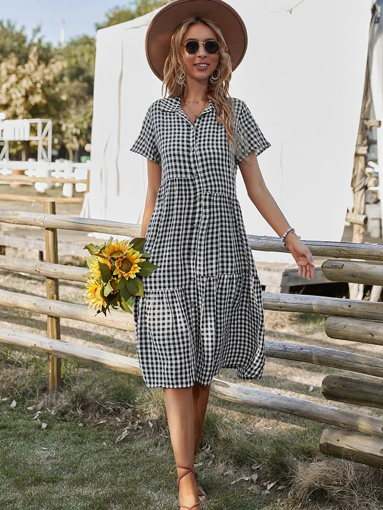 

Summer New Vintage Plaid Printed Shirt Dresses Women Casual Loose Holiday Plaid Beach Midi Dress Women Sundress Robe Vestidos