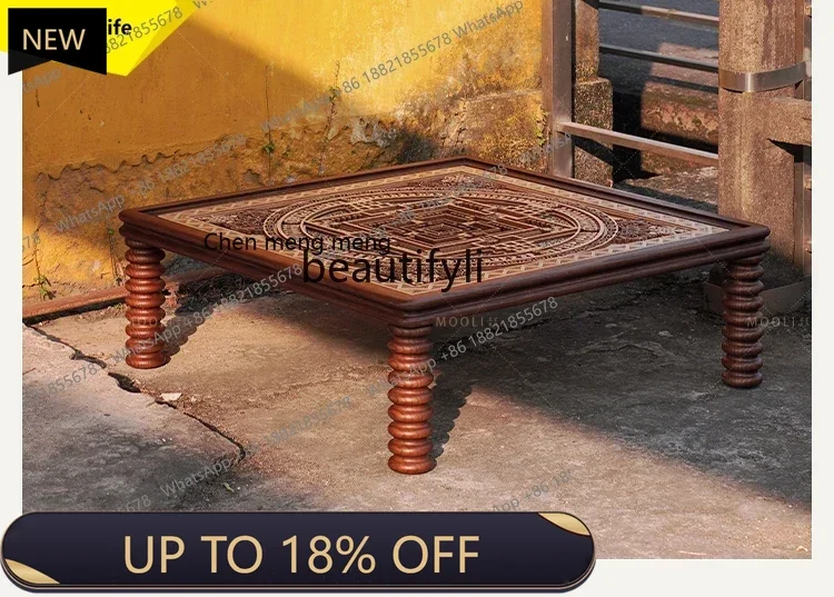 

P178 French Vintage Style Coffee Table Square Solid Wood Living Room Home Small Apartment Retro Glass Coffee Table