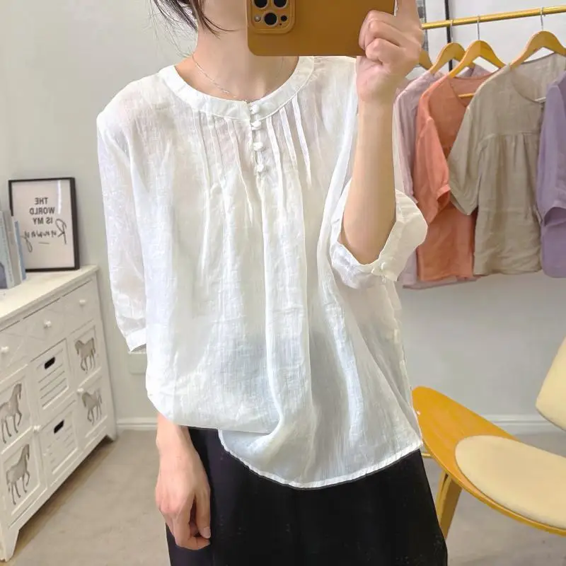 Women Summer Vintage Fashion Loose Cotton and Linen Solid Color O-neck Short Sleeve Shirts Ladies Casual All-match Trend Tops