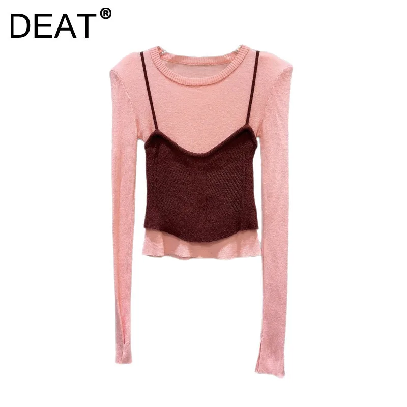 DEAT Women's 2 Pcs Set Slim Colorful Camisole Knitted Slim Shoulder Padded Stretch Shirts 2025 New Spring Fashion 11A01269