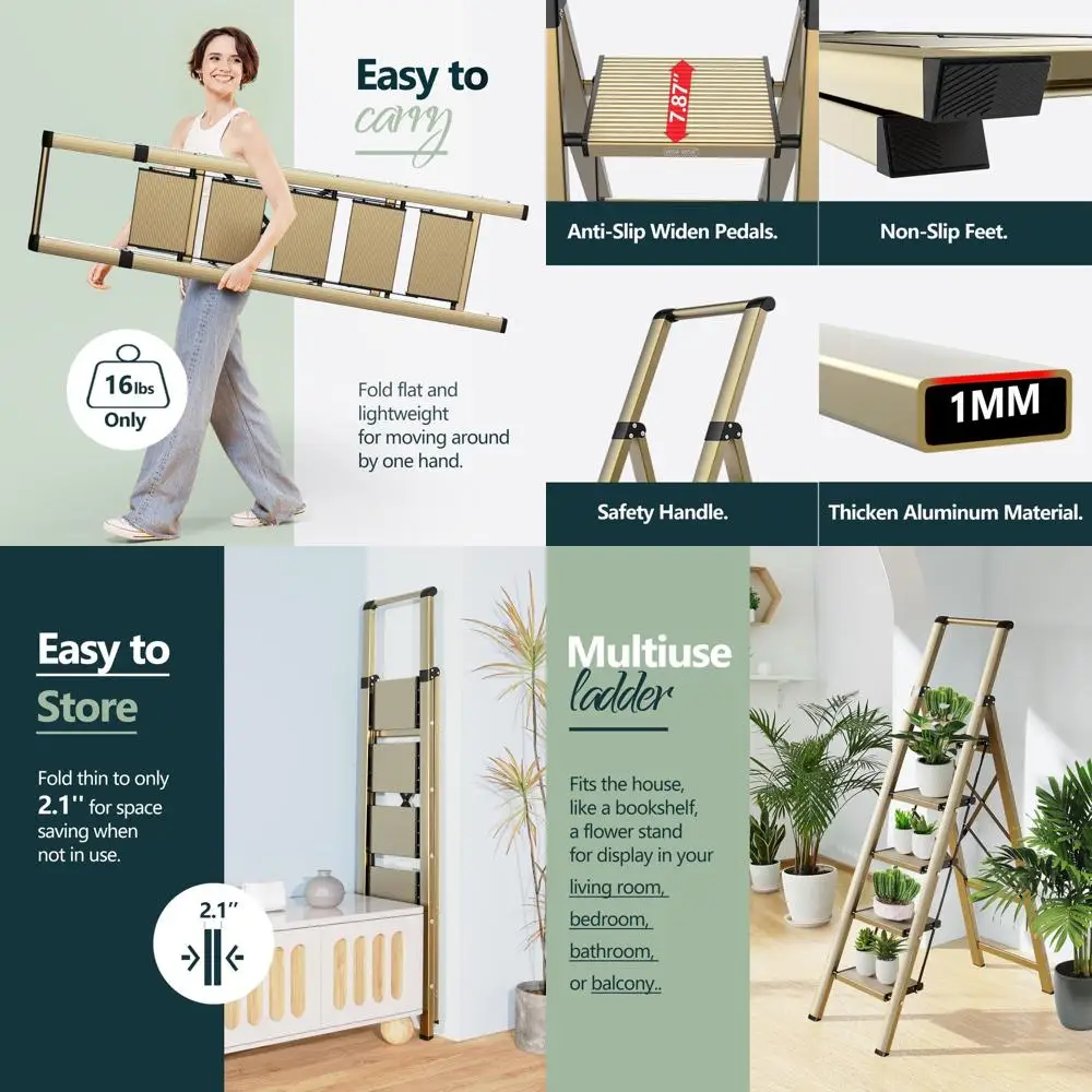 

10-футовая легкая складная лестница с нескользящими ступеньками, безопасными поручнями и компактным дизайном для дома, кухни, в помещении и на открытом воздухе