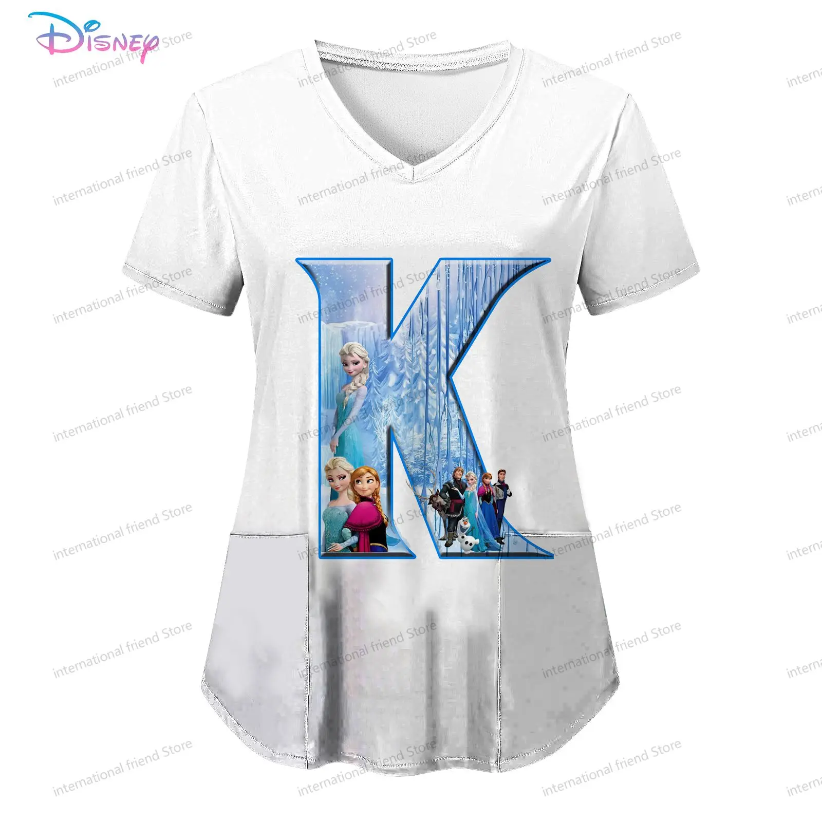 Pocket Disney Princess Women's V Neck Nurse Uniform T-Shirt Tops Woman 2024 Summer Short Sleeve Kawaii New Dress S-2XL Cheap Top