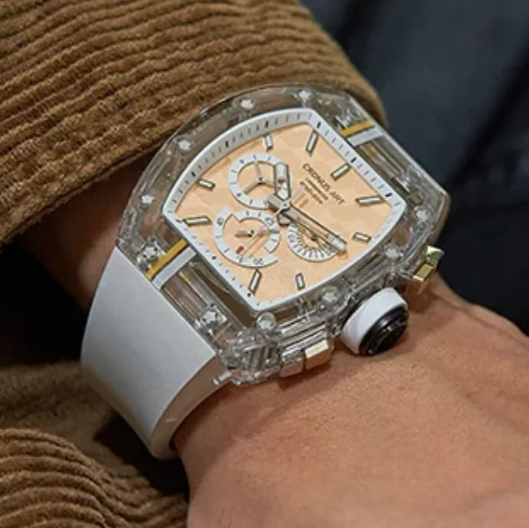 

CRONUSART Men Chronograph Watch 50mm Tonneau Mechanical Wristwatch Sapphire Case & Mirror Luminous Fluororubber Strap