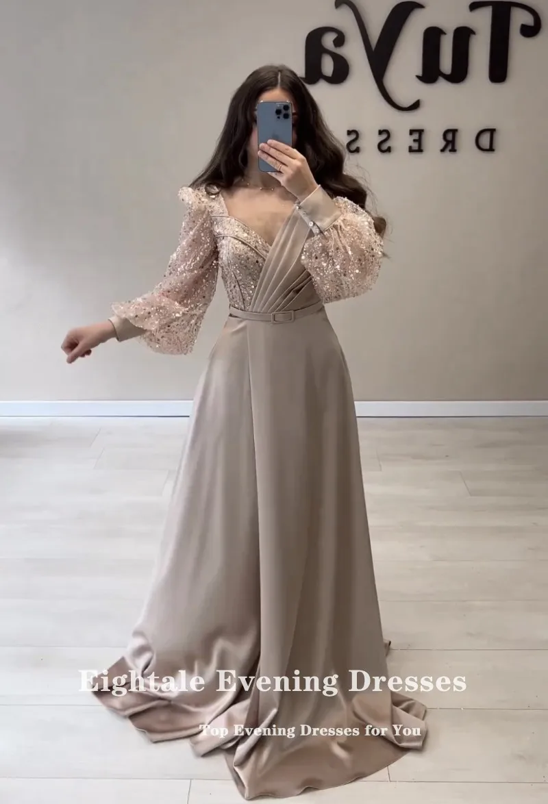 Eightale Champagne Evening Dresses Long Sleeves Sweetheart Glitter A-Line V-Neck Customized Prom Party Gown vestido de fiesta