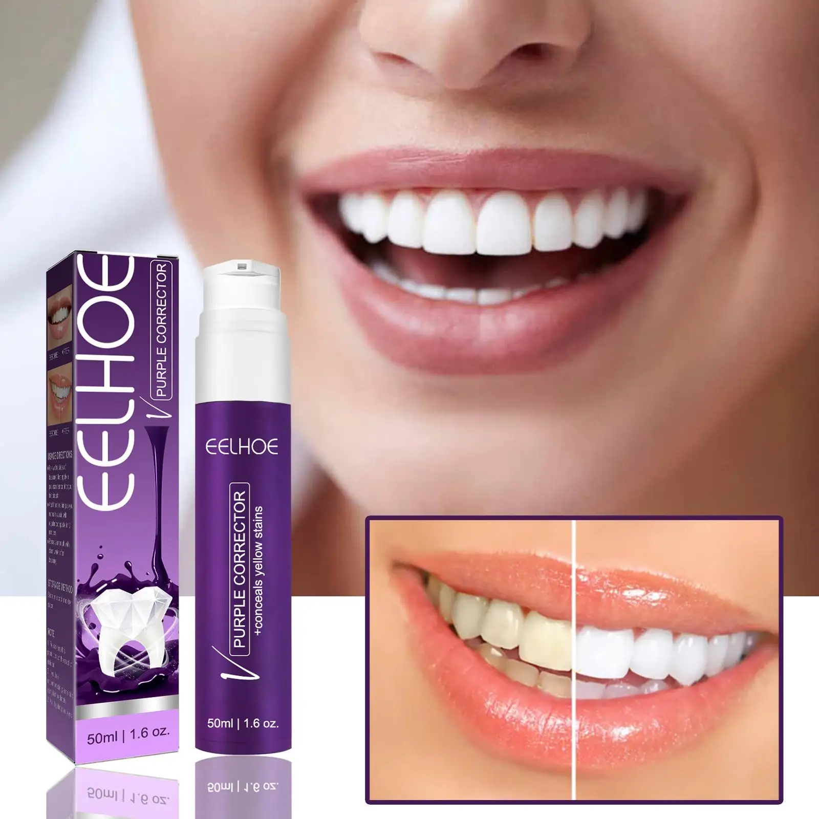 Pasta de dientes blanqueadora, espuma de respiración refrescante, limpieza de dientes, Mousse, eliminación de placa, cuidado dental, color morado, 50/30ml