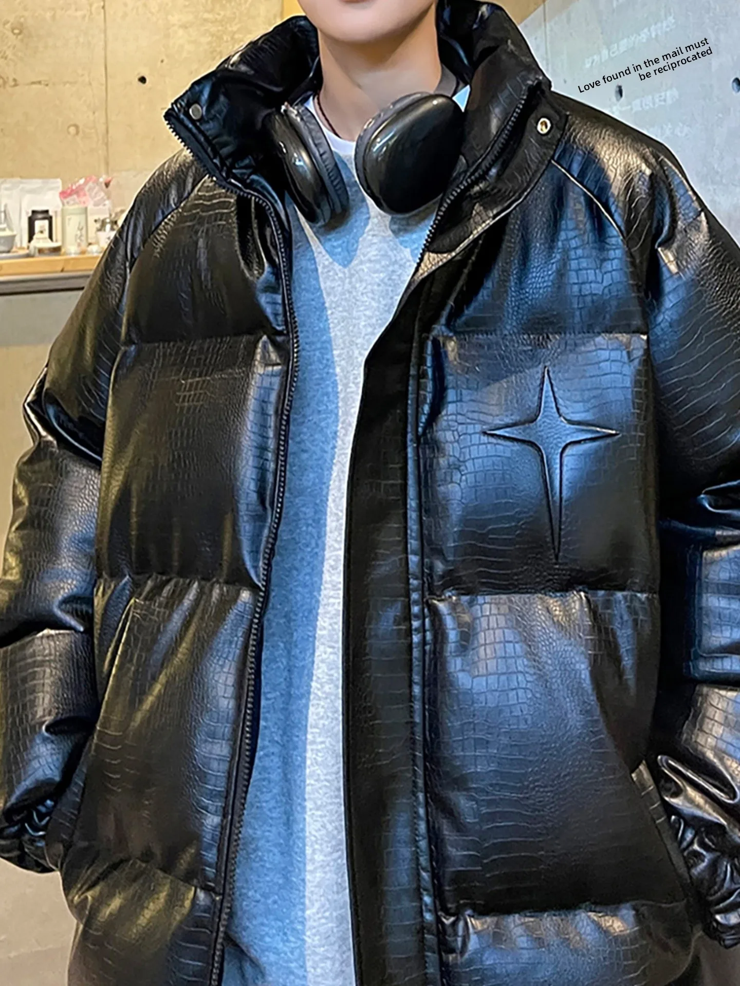 

Men's Crocodile Pattern PU Leather Cotton Jaet Thiened Stand Collar Casual Sle Winter Coat Hip Hop Streetwear