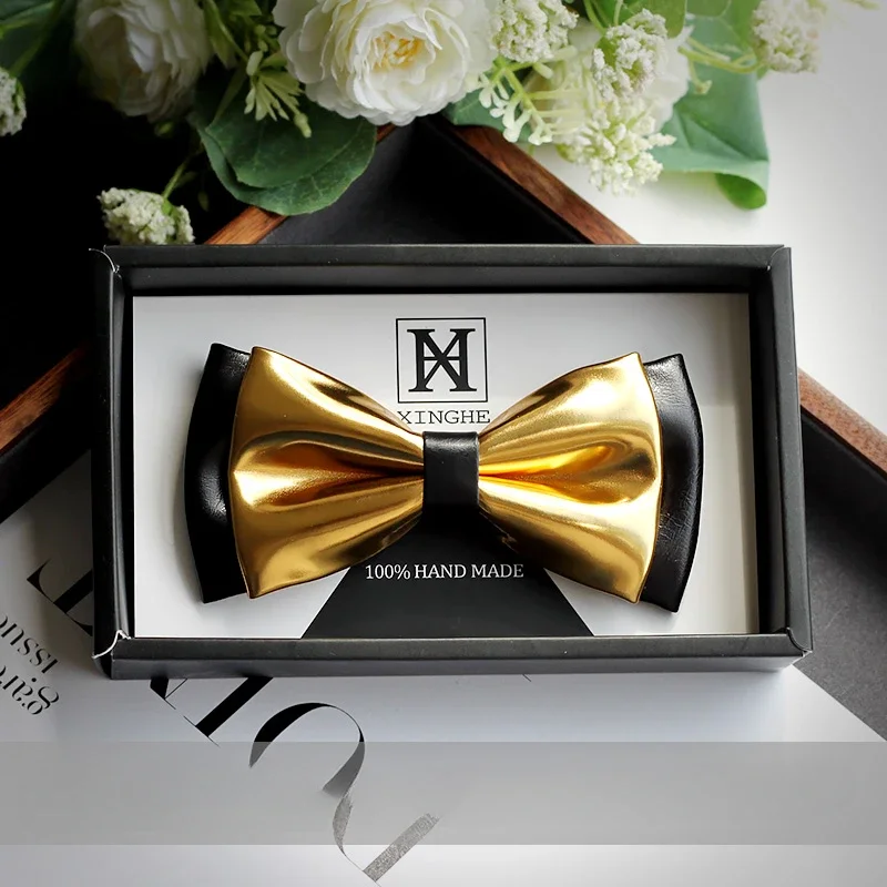 Fashionable PU Solid Color Double-layer Pointed Bow Tie French Men Groom Performance Stage Host Suit Shirt High-end Accessories