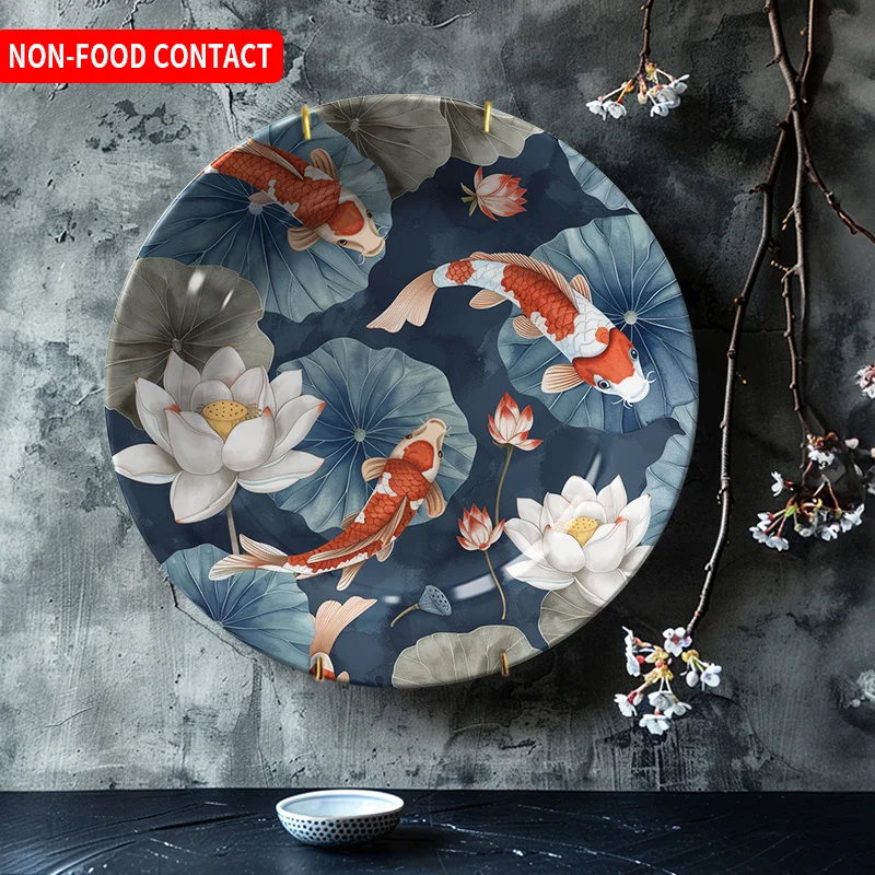 1pc Hand-Painted Koi Fish Ceramic Decorative Plate - Non-Food Contact Artistic Home Decor for Living Room, Bedroom, Entryway -
