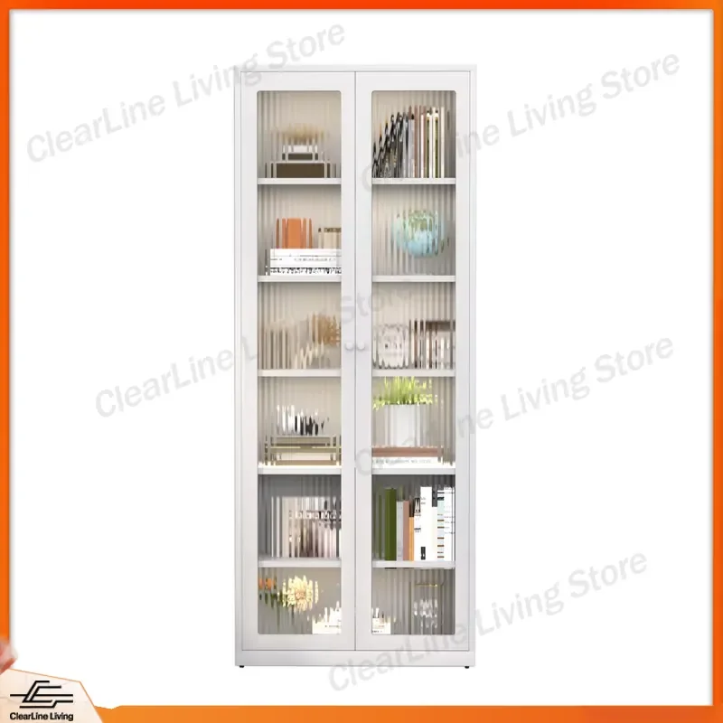Tall Slim Steel Bookshelf with Glass Doors Corner Storage Cabinet for Small Spaces Modern Metal Display Shelf Home Office - view 3