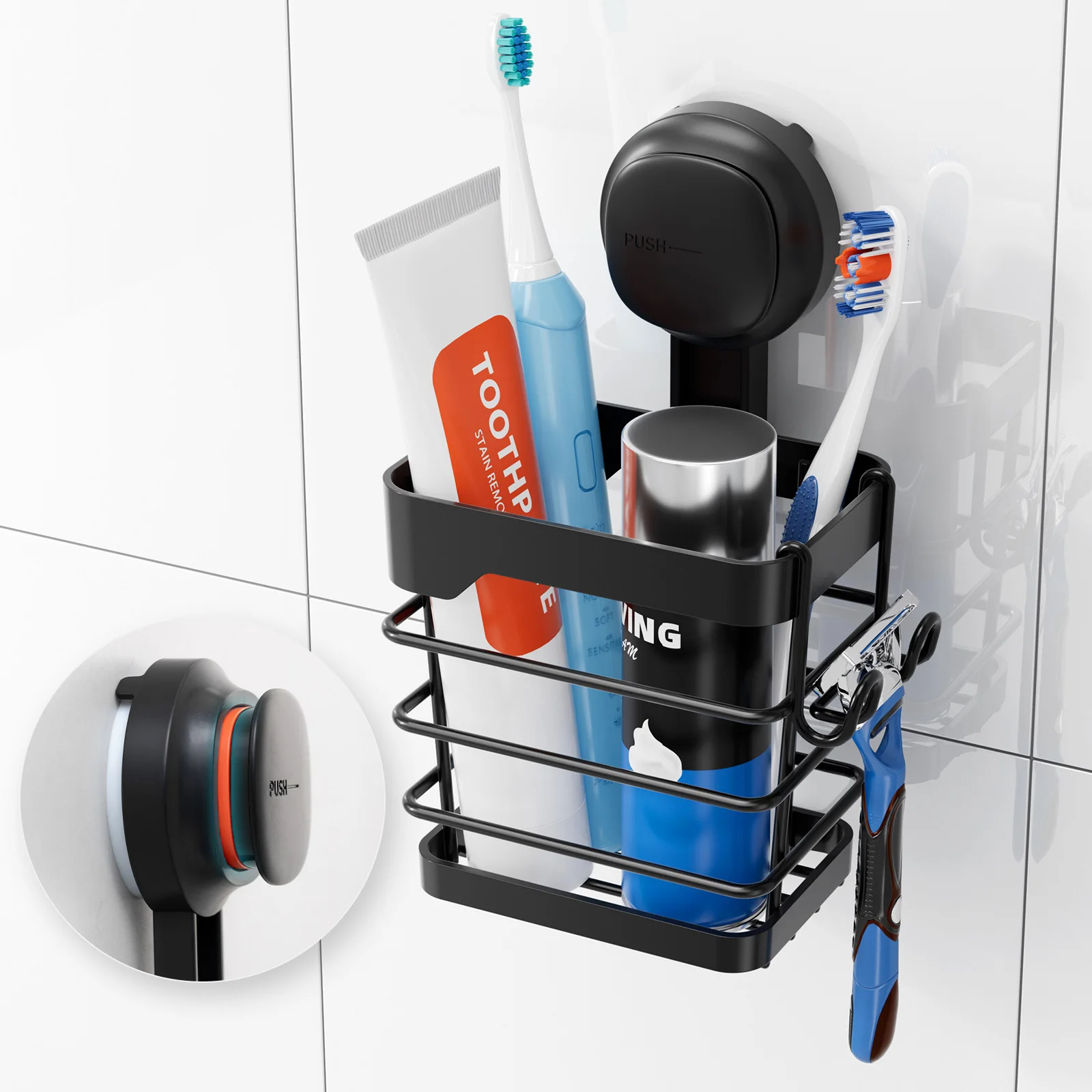 

TAILI Suction Cup Toothbrush Holder with Razor Hook, Visible Safety Indicator, Removable Shower Caddy for Toothbrush, Toothpaste