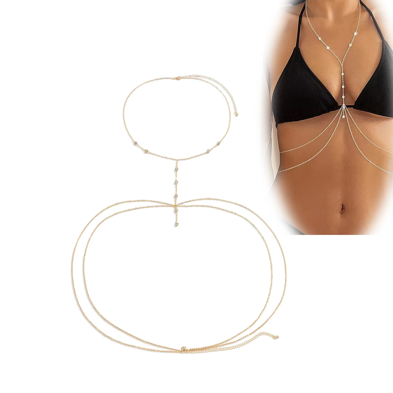 Cadena de pecho con diamantes de imitación para mujer, cadena ajustable para el cuerpo, se adapta a vestido de verano, Bikini, playa, accesorio de decoración corporal