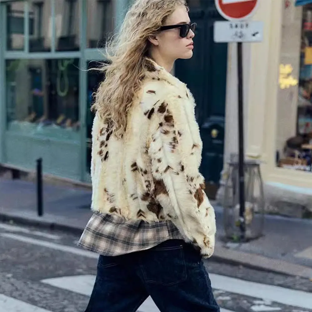 Damska jesienno-zimowa moda, płaszcz z klapami, pluszowy płaszcz, kurtka z wełny jagnięcej, luźna parka z imitacji futra, kolor krowy, odzież wierzchnia damska.