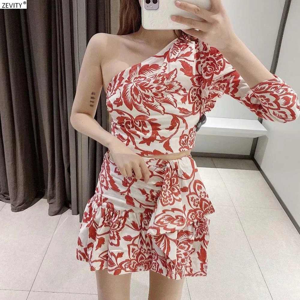 new women one shoulder pleated ruffles short Shirt totem flower print slim blouses women roupas femininas chemise shirts LS6411