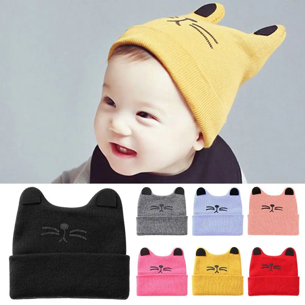 

Korean Fashion Cartoon Cat Baby Knitted Cap Ear Protection Warm Kids Hats Winter Snow Cap Boys Girls