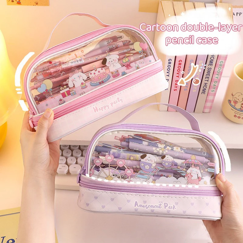 Kawaii Pencil Case Double Layer Large Capacity Pen Bag Cartoon Portable Pencil Box School Student Supplies Stationary Organizer