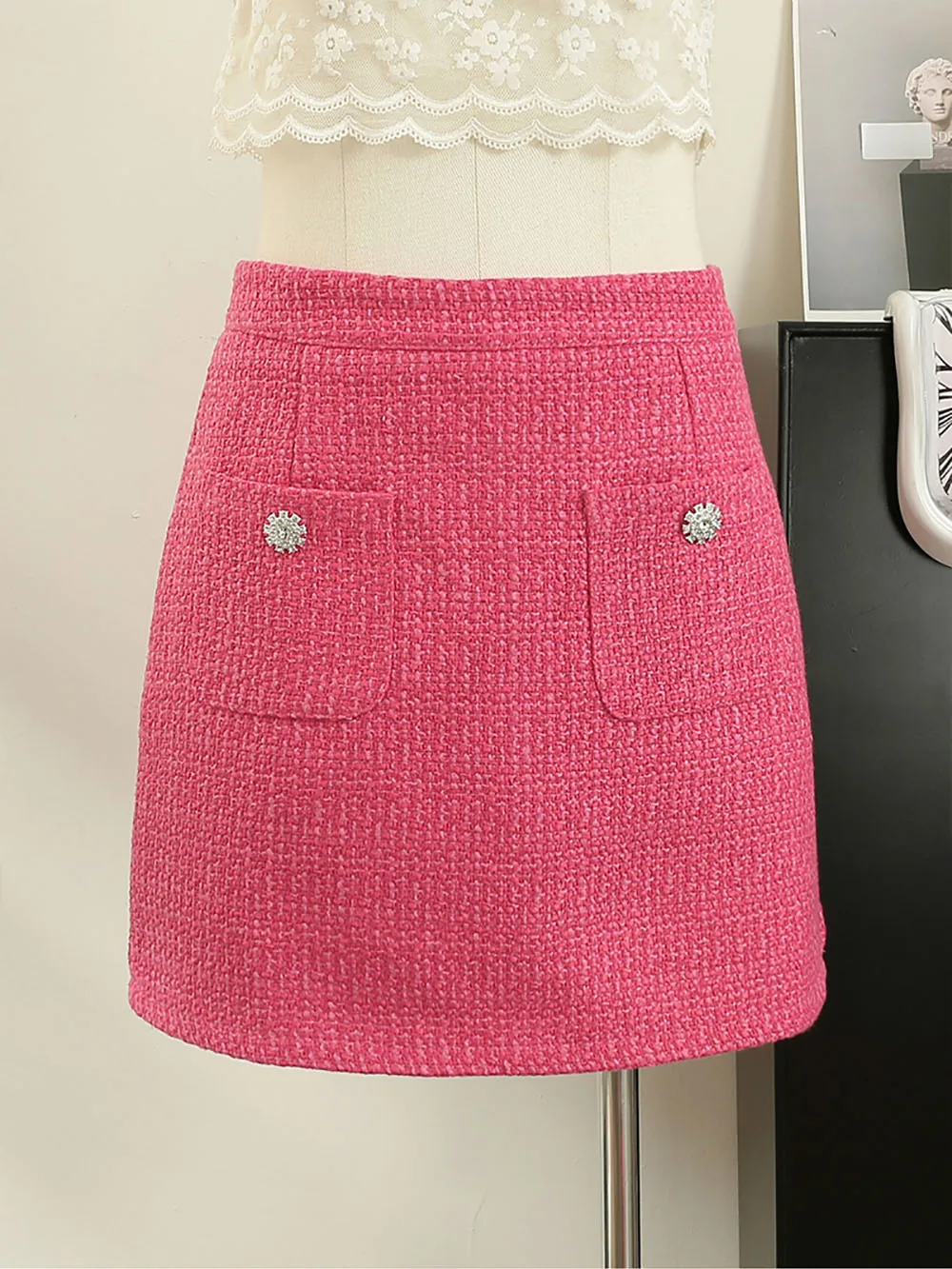 Skirts Autumn Winter Korean Temperament Rose Pink Tweed Half Skirt for Women 2024 New High Waisted A-line Versatile Short Skirt