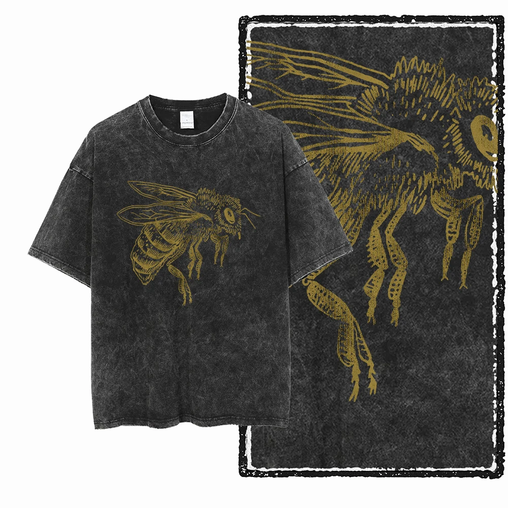Bee & Insect Themed Graphic Tees, Vintage Washed Black Oversized Streetwear Collection For Nature And Music Fans