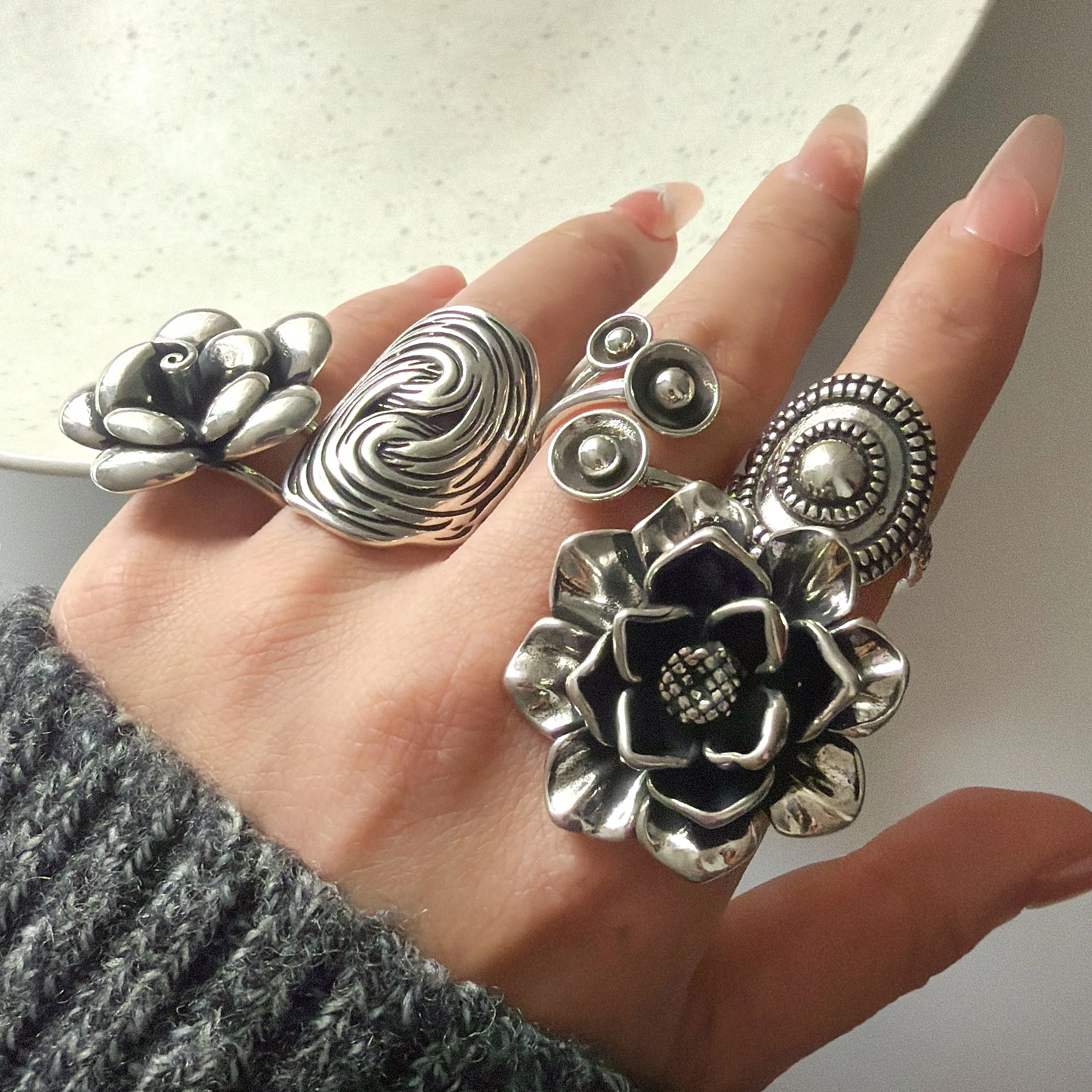 

925 Sterling Silver Rings for Women Couple Minimalist Handmade Simple Wide Moon Ring Set Party Jewelry Gift Prevent Allergy