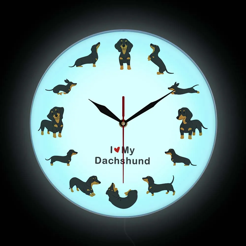 Different Cartoon Dog Breed Modern Design Wall Clock With LED Backlight Pet Shop Electronic Lighted Sign Puppy Silent Wall Watch