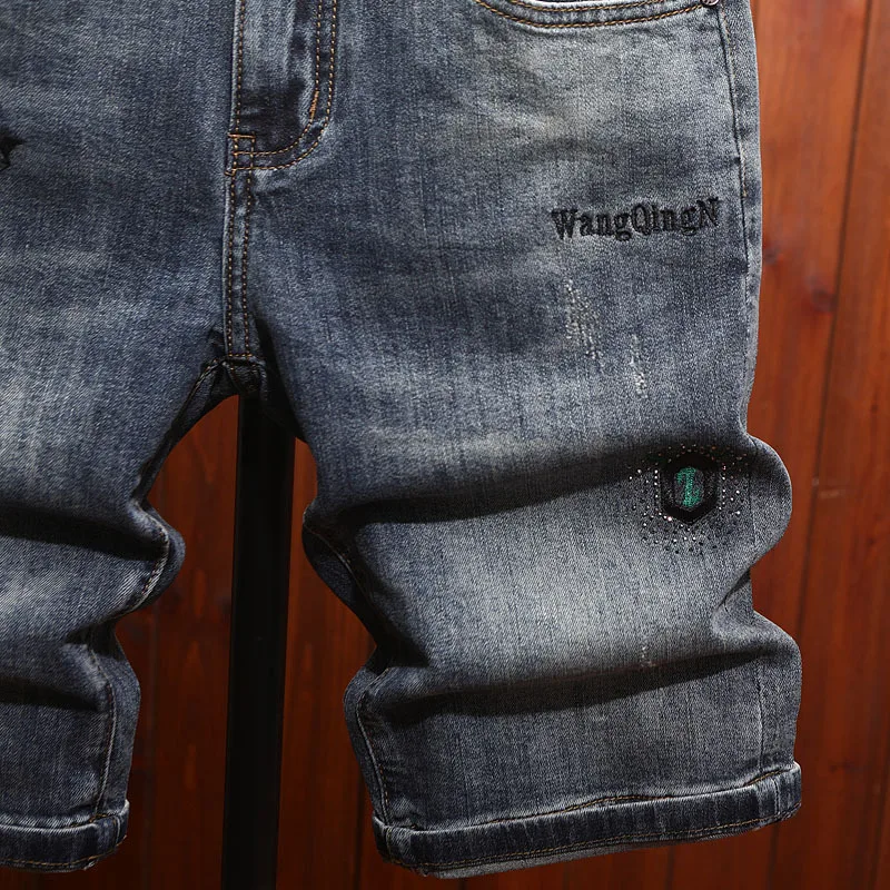 European Style Embroidered Denim Shorts for Men, Summer Thin Five-Point Shorts5Slim Fit American High Street Blue Shorts