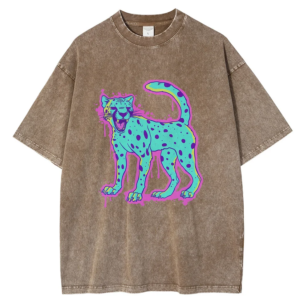 Cheetah Psychedelic Graphic T Shirts Heavyweight Pure Cotton Distressed Washed T Shirt Drop Shoulder Vintage Oversized Mens Tops