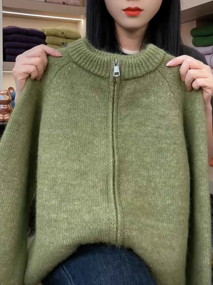 

Korean Sle Pure Color Zipper Knitted Open Cardigan Autumn New Large Size Ele Versatile Anti-Aging Top Women's Faion