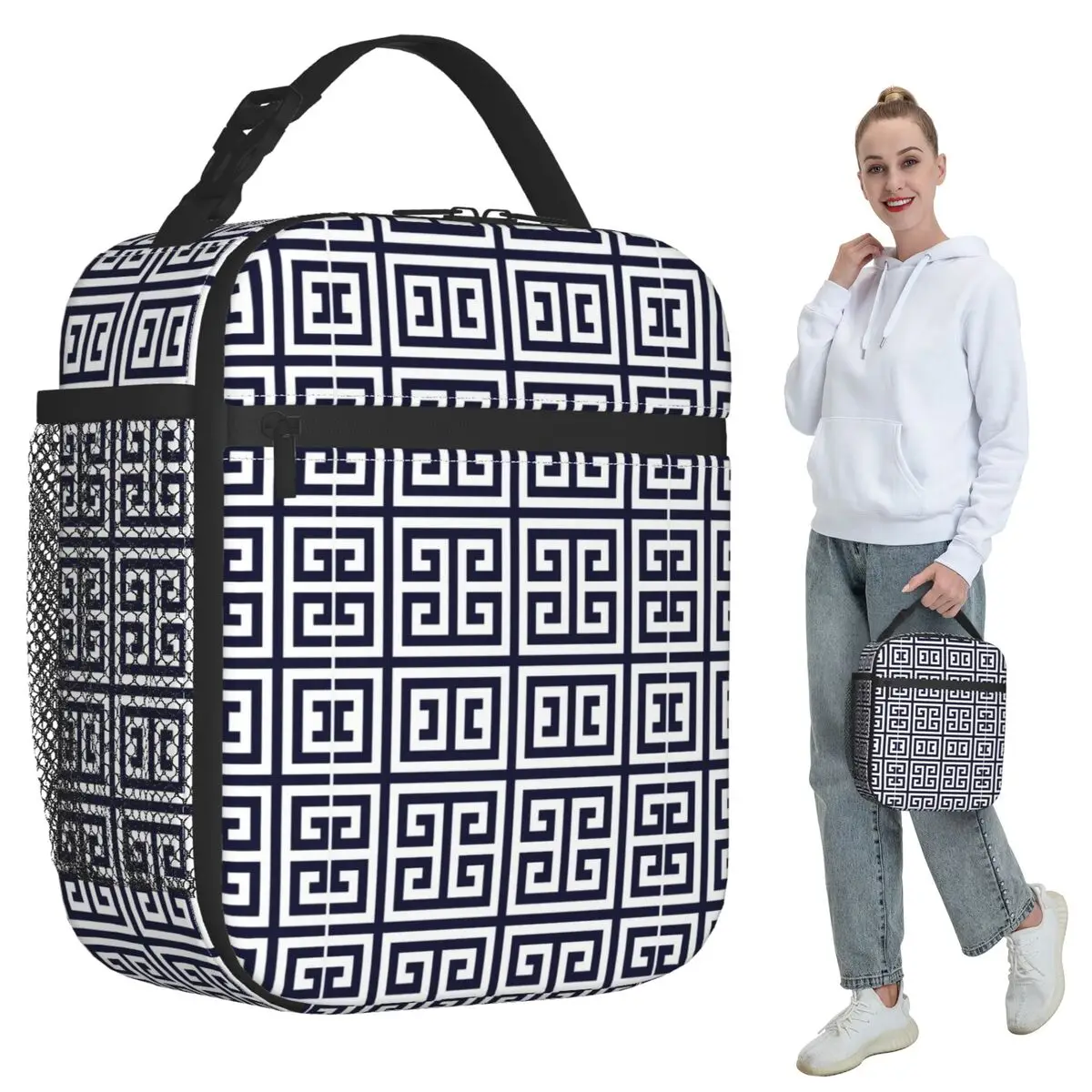

Greek Key Navy Insulated Lunch Bag for Kids School Cooler Thermal Food Box Tote Leakproof Lunch Boxes Container