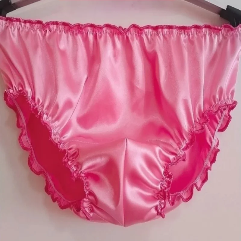 

Man's Pink Silky Touch Elastic Waist Panties Women Ruffle Silk Satin Briefs Plus Size Underwear Sexy Lingerie Party Private