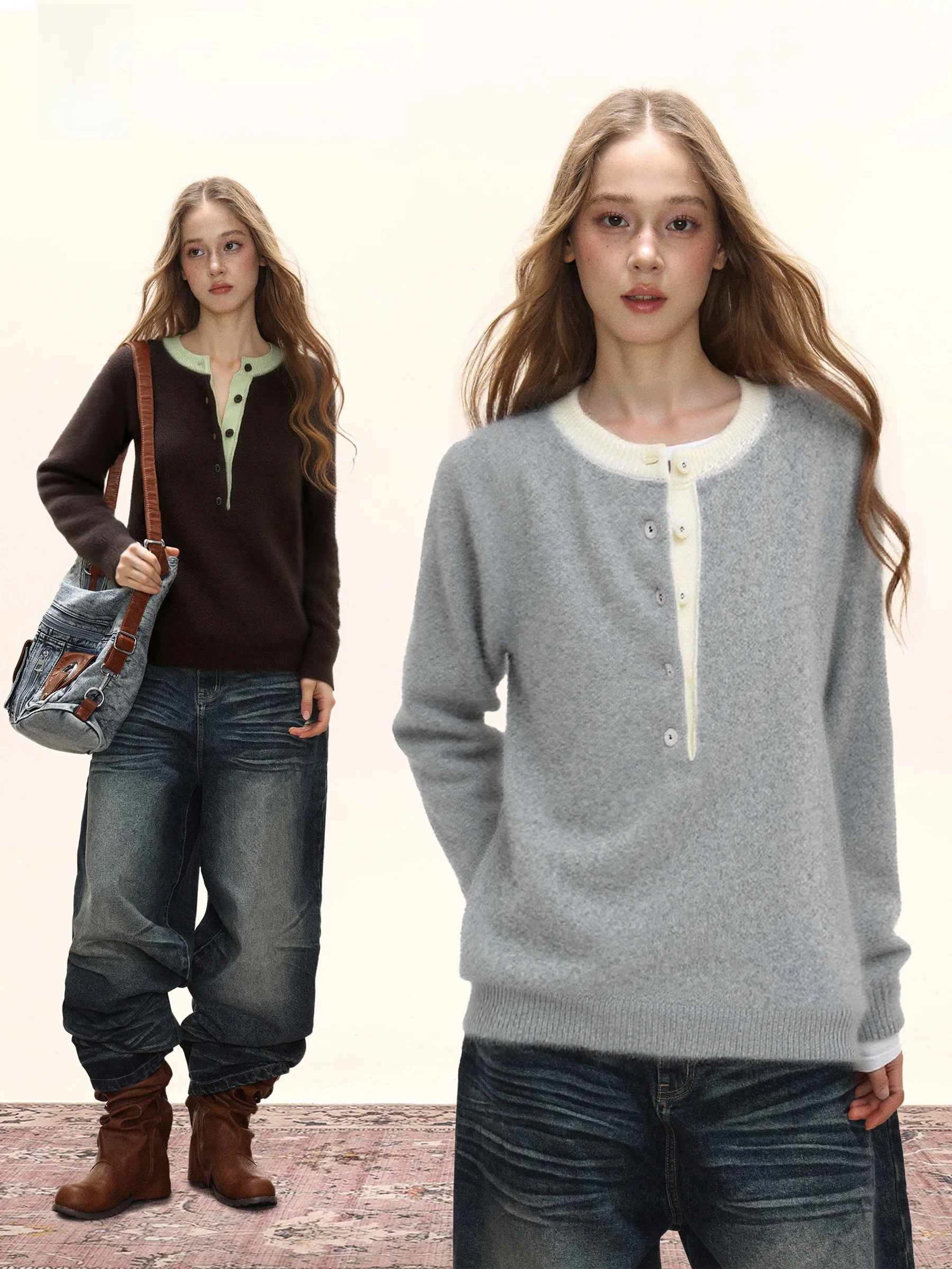 

Повседневный вязаный свитер контрастного цвета с длинными рукавами и круглым вырезом, женский осенне-зимний свободный топ на пуговицах, стройнящий фигуру