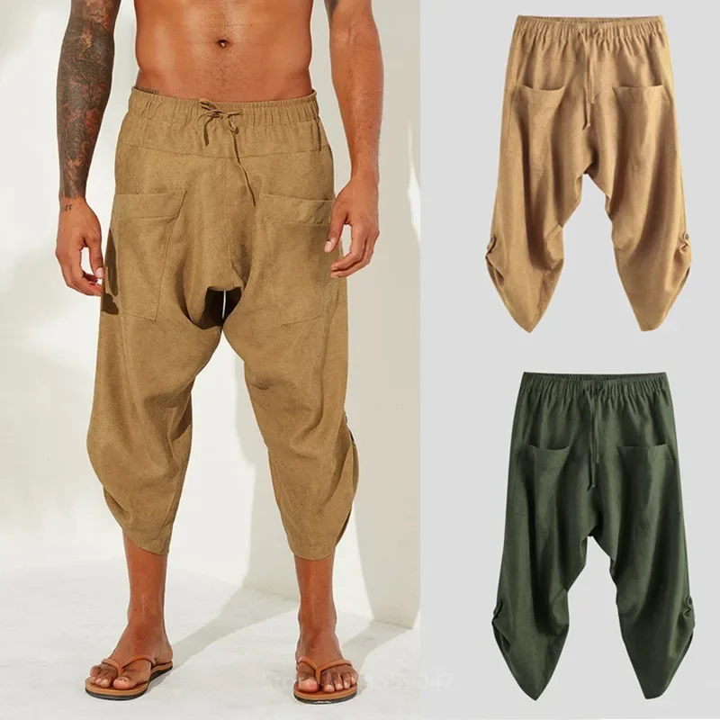 Pantalones medievales para hombre, disfraz de pirata vikingo, pantalones harén renacentistas con bolsillo, disfraces de samurái para Halloween, Vintage para adultos