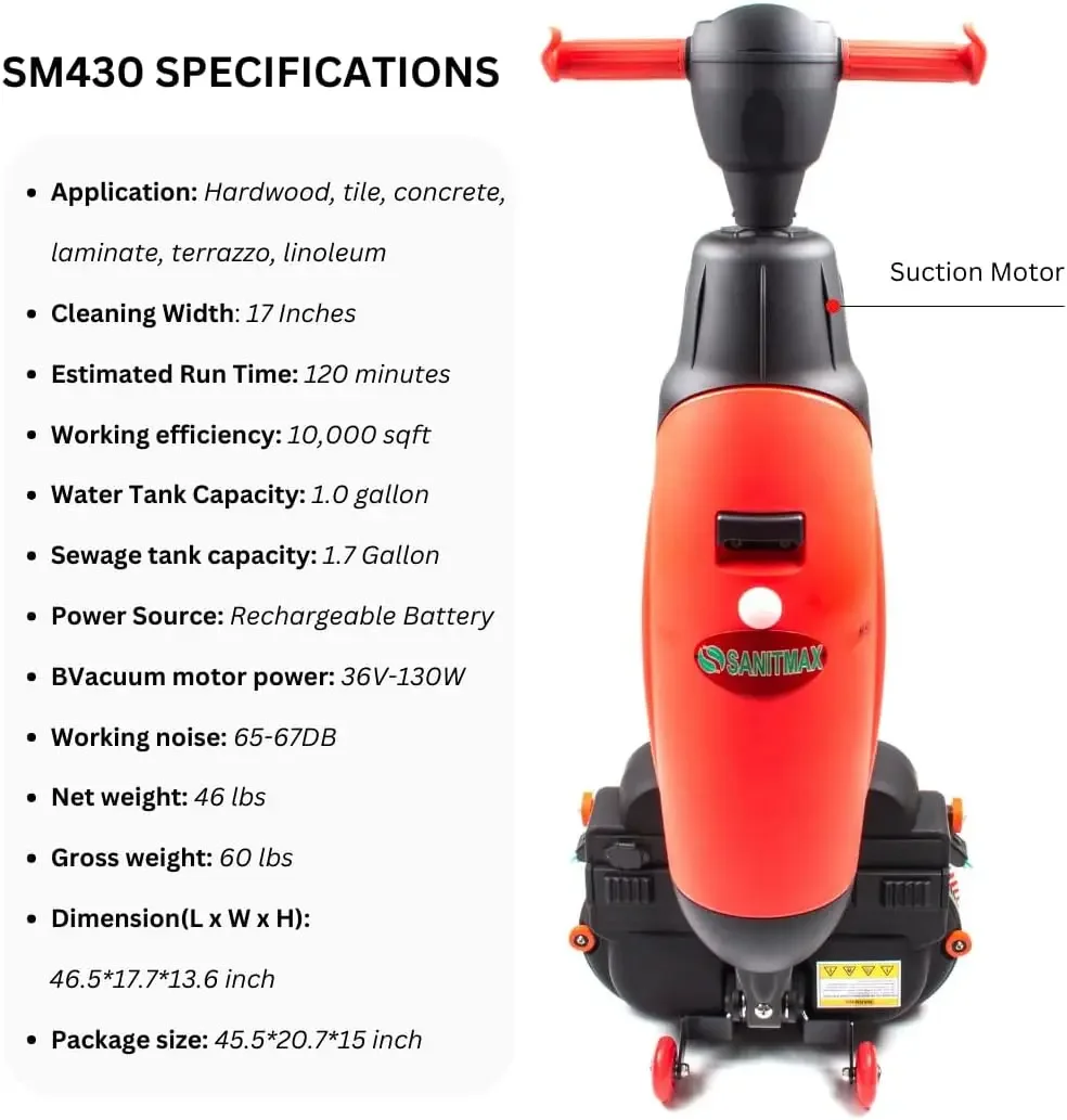 17" Commercial Floor Scrubber Machine, Rotary Double Brushes, 10000 sqft/h, Cordless Rechargeable Lithium Battery