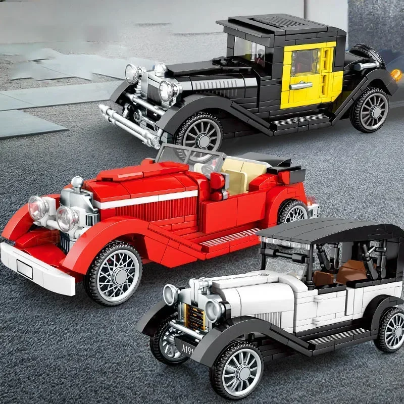 Décennie s de construction de modèle de voiture de champions de vitesse vintage, jouets de ville classiques, véhicule Roadster, brique de voiture souriante, rétro technique, cadeau antique