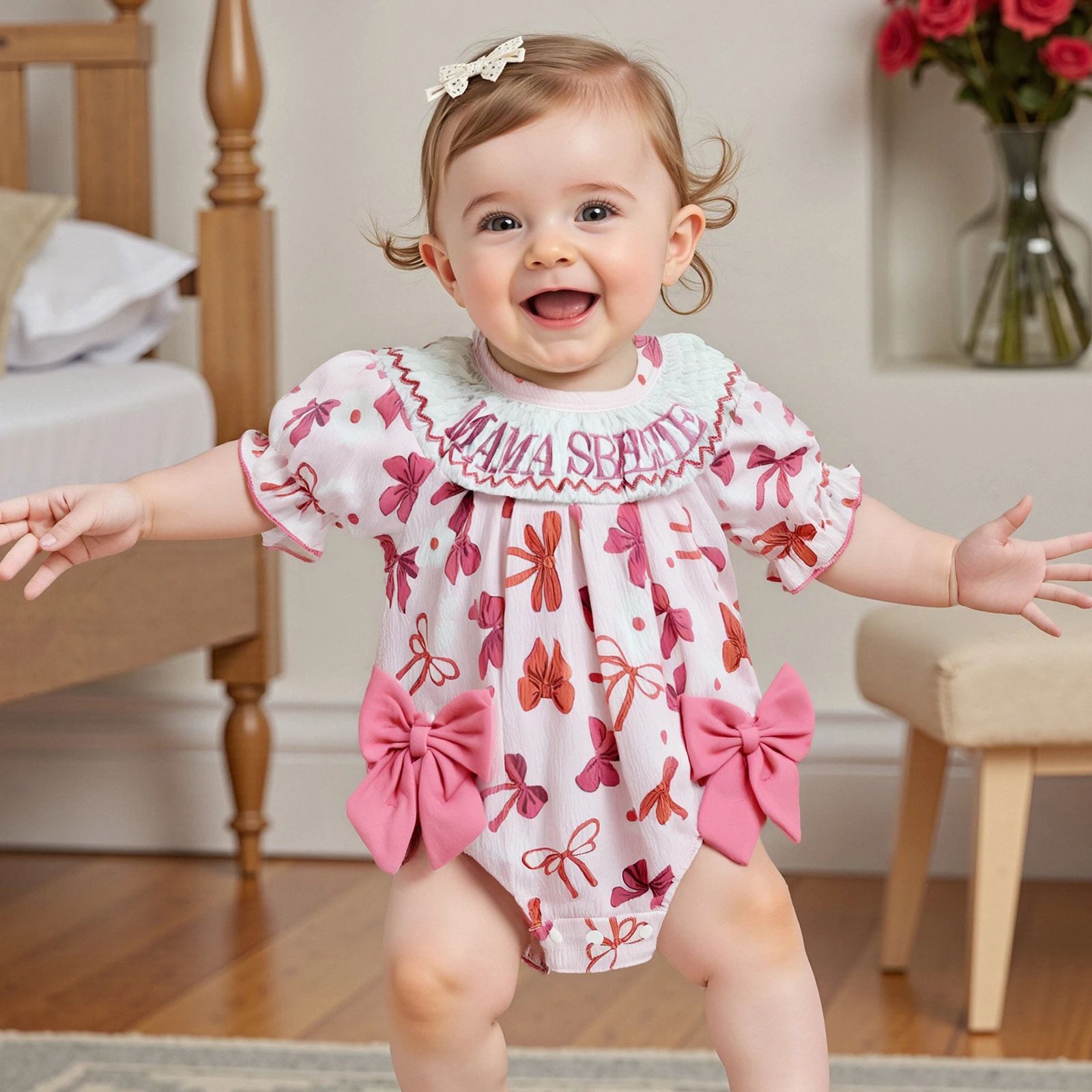 

Baby Girls Rompers Letter Embroidery Bow Print Short Sleeve Infant Bodysuits Jumpsuits with Headband