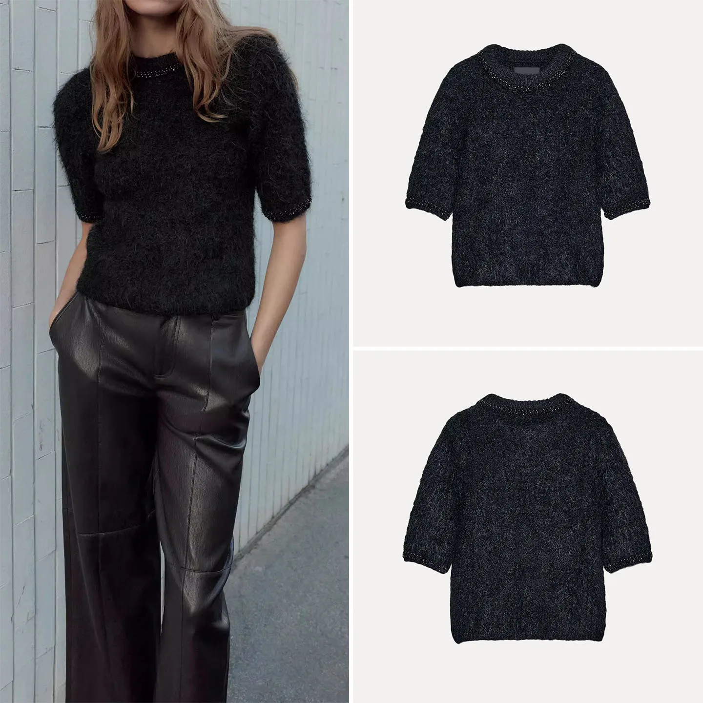 

Faionable ort Sve Beaded Knitwear Z Women's Summer Casual round Ne Pullover Top Jewelry Embellied Knitted irt