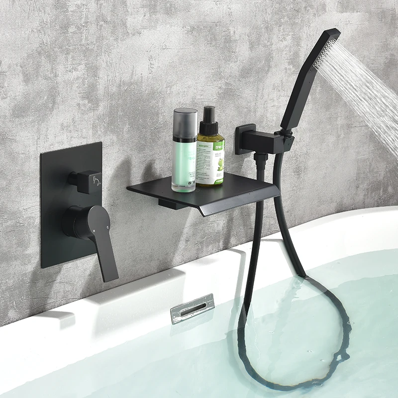 Wall Mount Tub Faucets with Sprayer Waterfall Bathtub Filler Tub Shower Faucet Set with Rough-in Valve Trim Kit Matte Black