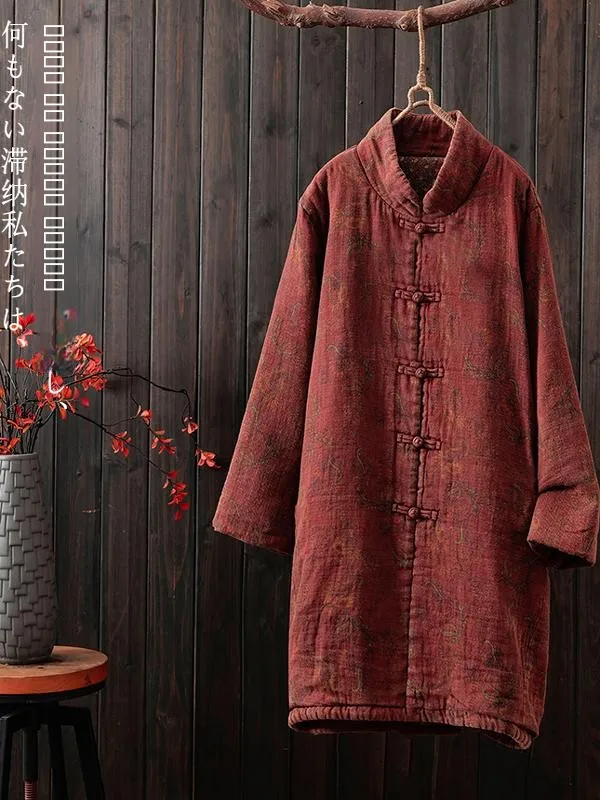 

Loose Fit Mid-Length Cotton Jaet Women's Ethnic Sle Button up Large Size Cotton Coat New Chinese Sle Long Sve Coat