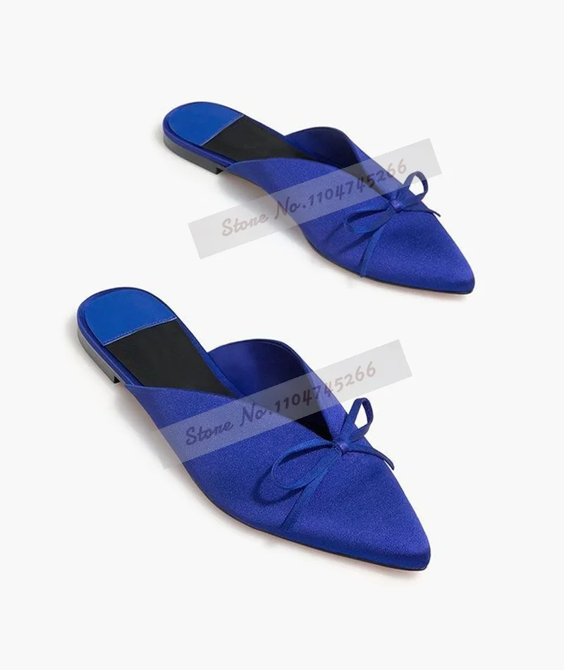 Pink Satin Butterfly-Knot Flat Fashion Mules Pointed Toe Bowtie Slip-On Modern Slippers Shallow Elegant Sandals Beach Shoes