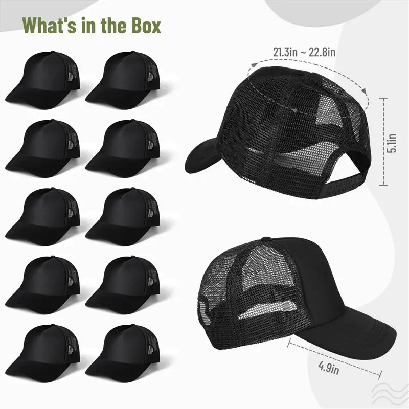 10PCS Sublimation Blank Trucker Hats Comfortable Polyester Mesh Trucker Hat Unisex Mesh Baseball Snapback Caps Summer Mesh Caps