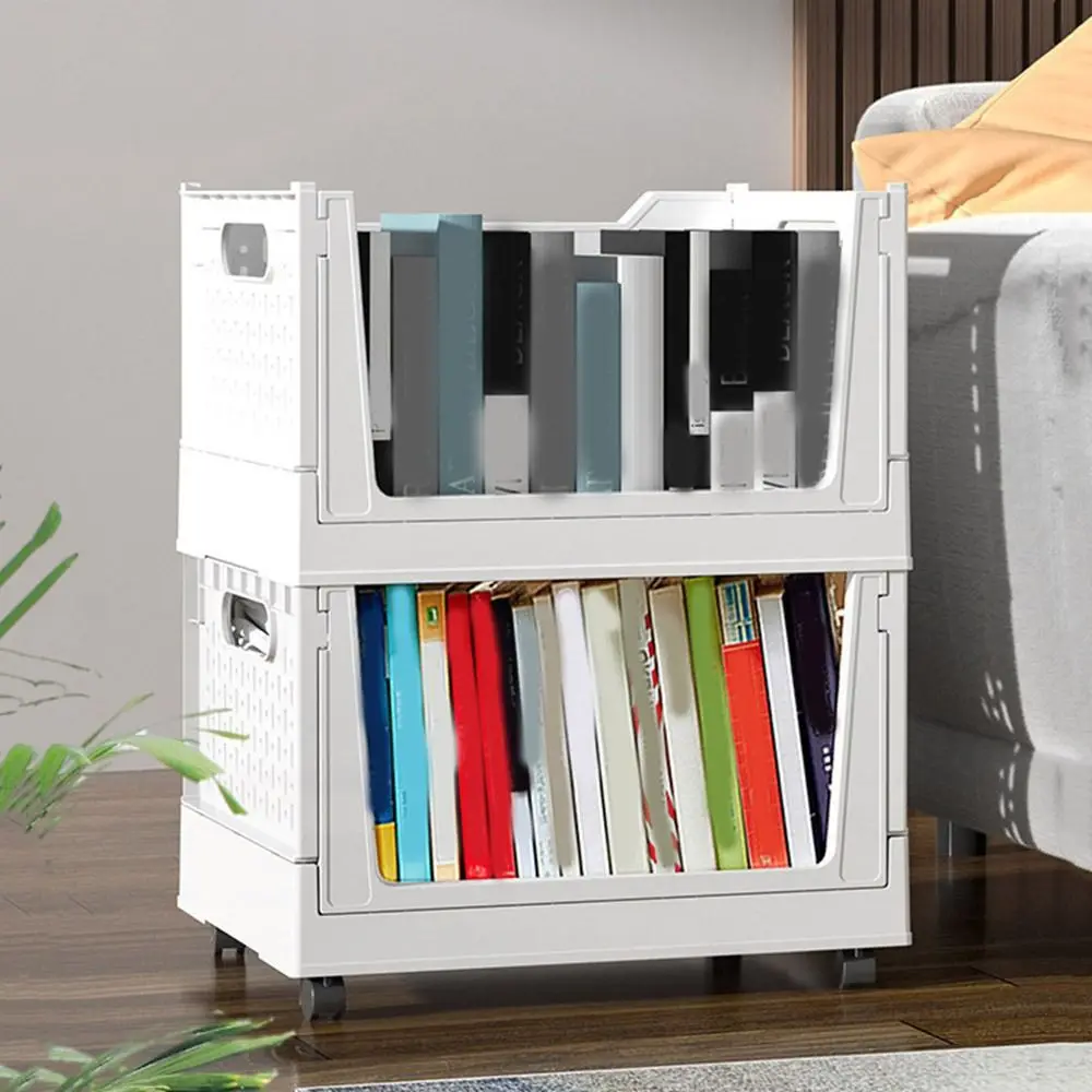 

Plastic Folding Storage Box Stackable Space Saving Book Storage Basket with Wheels Large Capacity Foldable Closet Organizers