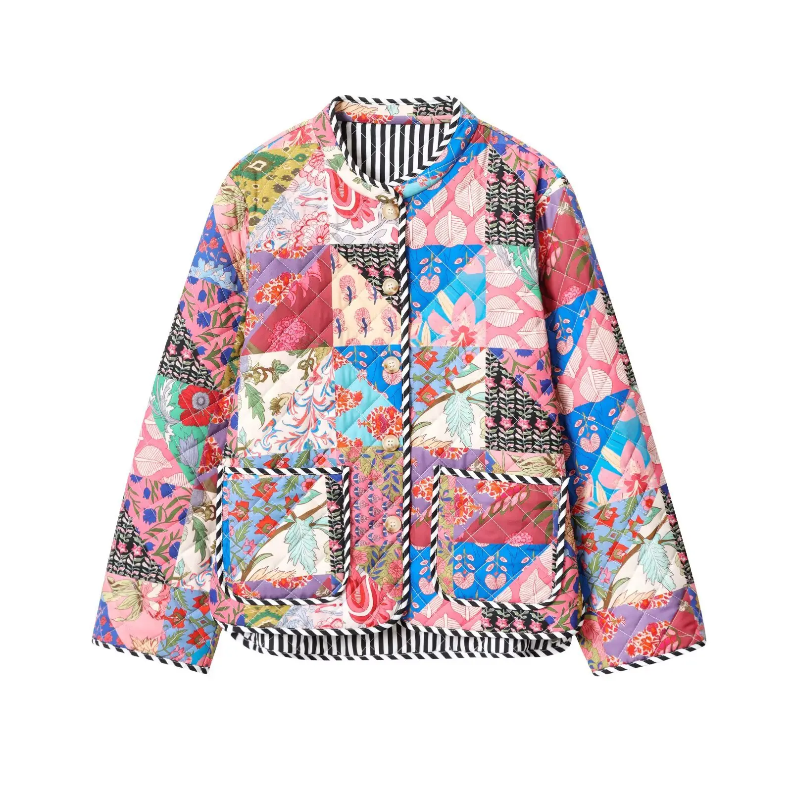 Women’s Autumn Winter Fashion Multi Color Patchwork Half Neck Cotton Coat Side Pockets Long Sleeve Outing Shopping Outfit