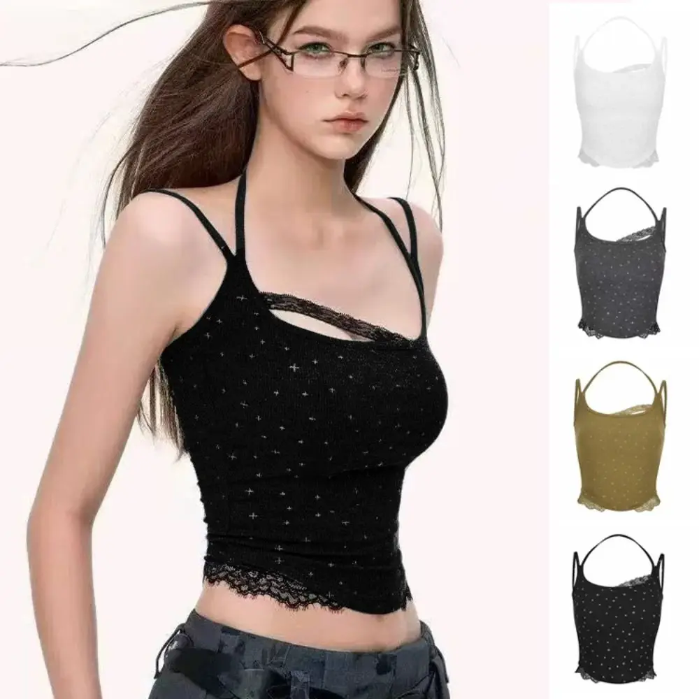 

Spicy Girl Style Dots Strap Skinny Vest Tops Tank Sleeveless Camisole with Pads Lace Irregular Y2K Slim Crop Top Beach