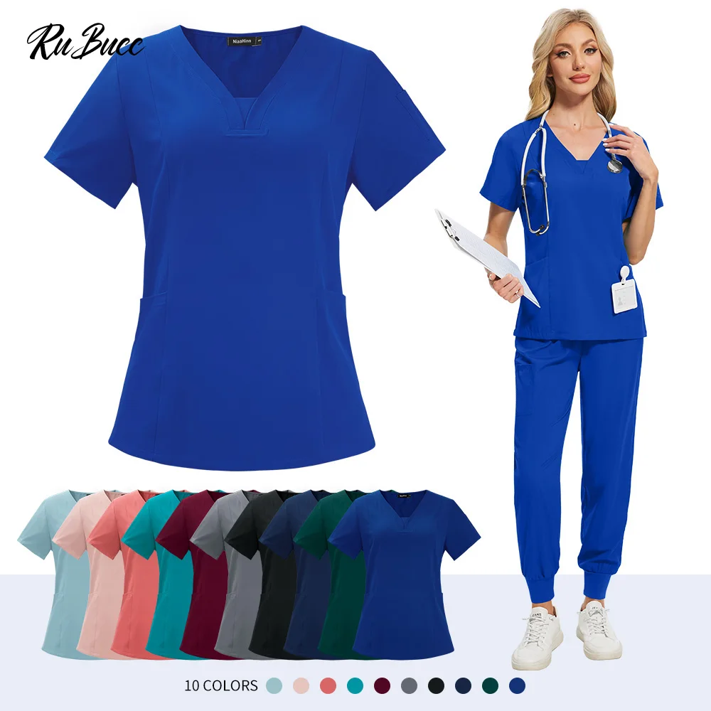 

Аксессуары для медсестер, медицинский скраб, костюм, оптовая продажа, топ с короткими рукавами для стоматологической клиники + брюки, хирургический комплект, женская дышащая униформа-скраб