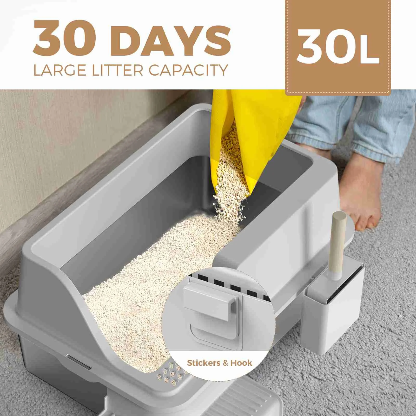 Cat Litter Box Stainless Steel Tray with Plastic Cover and Litter Trapping Mat for Indoor Cats Large Size