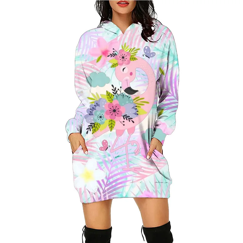 Pink Flamingo Printed Hoodie Dress Women's Face Daily Workout Hoodies Long Sleeve Pullover Autumn Winter Loose Tee Traf Vestido