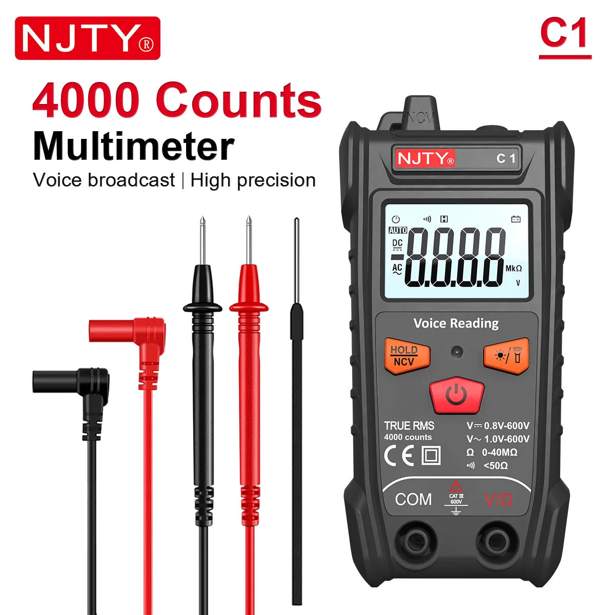 Voice Reading Digital Multimeter, English Voice Broadcast Function, 4000 Counts, NCV, Voltage, Resistance, on-off Testing, TRMS