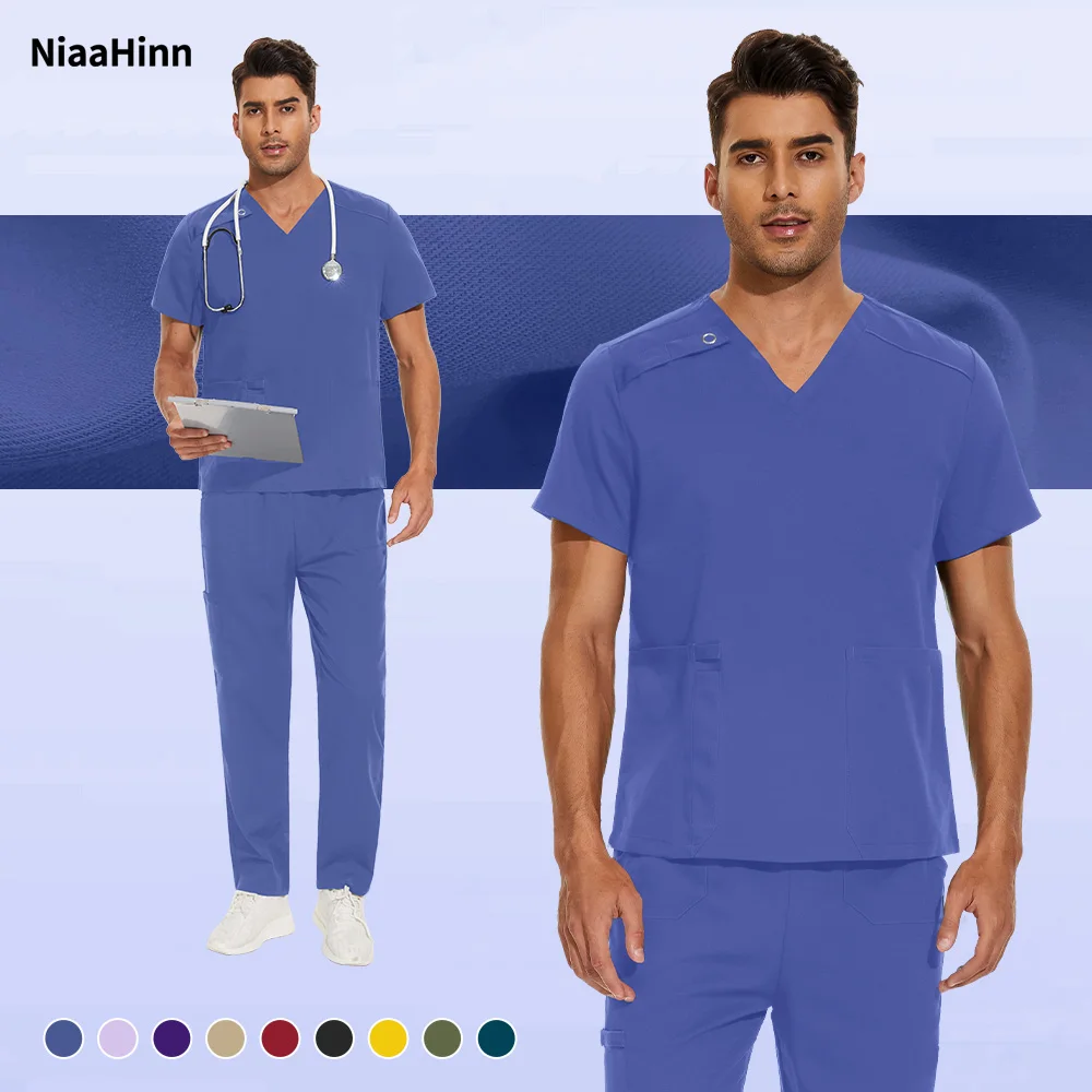 

Niaahinn, комплект из двух предметов, прямой брючный костюм, спецодежда для стоматолога, медицинская хирургическая форма, мужская одежда для медсестры, топы с карманами, комплект брюк для кормления